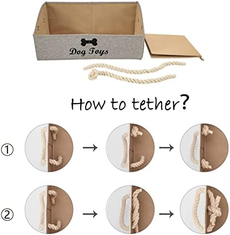 Geyecete Large Dog Toys Storage Bins - Foldable linen Trapezoid Organizer Boxes with weave Rope Handle, Collapsible Basket for Shelves (Light Brown-DOG)