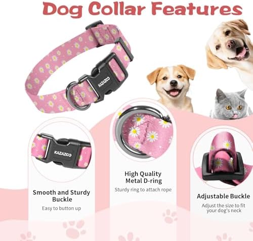 Kazazoo Dog Collar Cute and Soft Nylon Puppy Collar Girl Dogs, Adjustable Dog Collars for Extra Small Dogs, Pink Daisy-XS