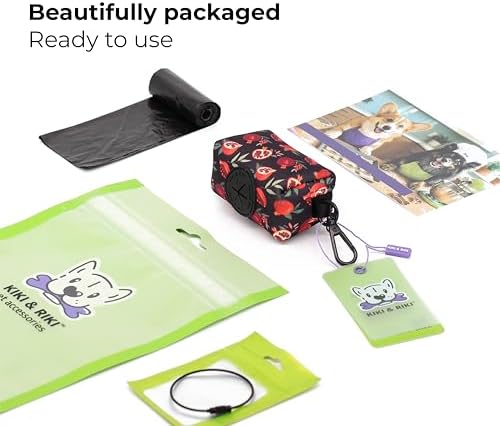 KIKI & RIKI Premium Dog Poop Bag Holder, Waste Bag Dispenser with Leash Clip, Artist-Designed Print (Designed in Georgia), Includes 1 Starter Roll of Bags, Fits Standard Rolls, Black (Red Pomegranate)