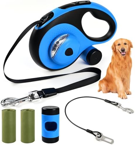26ft Retractable Dog Leash for Large Dogs Up to 110lbs, LED Light, Blue
