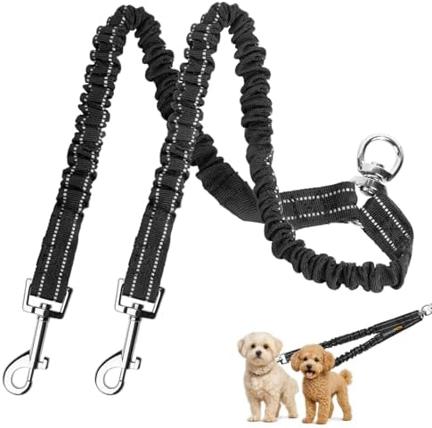 MingXpet 2 Dog Leash, Dog Leash for 2 Dogs, 360° Swivel No Tangle Double Walking Training Leashes for Small Dogs, Comfortable Shock Absorbing Reflective Bungee, Black