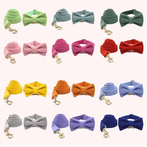 Custom Personalized Dog Collars with Pet Name/Phone Number Engraved Gold Metal Buckle - Adjustable Sizes Soft Stripe Velvet Collar for Small Medium Large Dogs - Dog Leash and Bow Tie Available