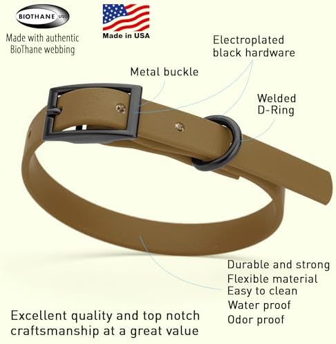 Dogline Biothane Waterproof Dog Collar Strong Coated Nylon Webbing with Black Hardware Odor- Proof for Easy Care Easy to Clean High Performance Fits Small Medium or Large Dogs, Coyote Brown