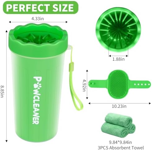 Professional 7 in 1 Dog Paw Cleaner for Dogs & Cats - Includes 1 Portable Paw Washer, 1 Bath Brush, 2 Dog Toothbrushes and 3 Absorbent Towels Note: Fits Paws 2.5 to 3.5 Inches Wide (Large, Green)