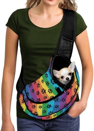 COEQINE Dog Carrying Sling Bag Rainbow Paw Print Puppy Carrier Bag Strap
