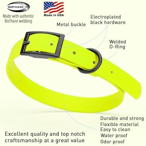 Dogline Biothane Waterproof Dog Collar Strong Coated Nylon Webbing with Black Hardware Odor- Proof for Easy Care Easy to Clean High Performance Fits Small Medium or Large Dogs, Safety Yellow