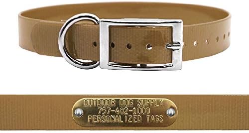 Heavy Duty Waterproof D-Ring Dog Collar w Personalized Name Tag, Tan 18"