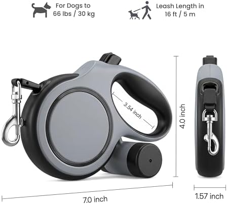 16ft Retractable Dog Leash for Medium Dogs up to 66 lbs, Gray