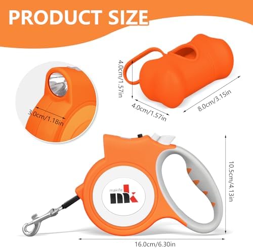 Retractable Dog Leash with LED Light Makife 5m Extendable Dog Lead for Small Medium Puppis up to 25kgs, One-Hand Brake & Lock System, Ergonomic Handle (Orange)