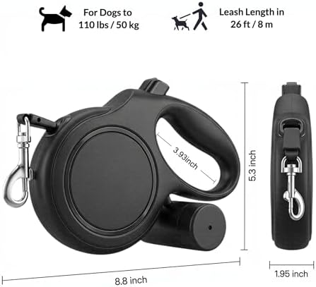 26ft Retractable Dog Leash for Large Dogs up to 110 lbs, Black