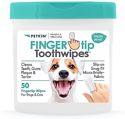 Petkin Fingertip Tooth Wipes for Dogs and Cats, 50 Finger Wipes - Slip-On, Snug Fit, Micro-Bristle Fabric - Cleans Teeth, Gums, Plaque & Tartar - Convenient, Ideal for Home and Travel - Fresh Mint
