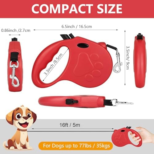 Retractable Dog Leash, 16ft Dog Walking Leash for Small Dogs up to 77lbs, Non-Slip Handle - Red