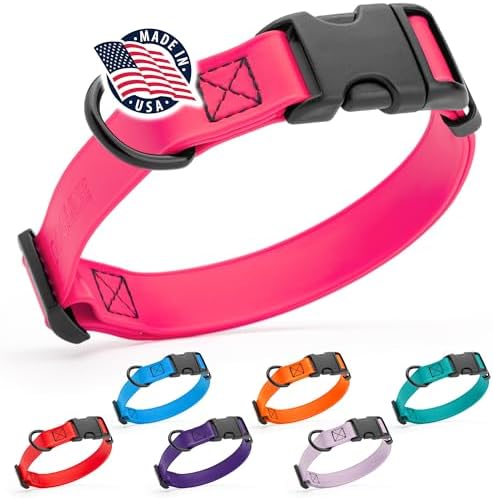 Dogline Biothane Waterproof Dog Collar with Quick Release Buckle Strong Coated Nylon Webbing with Odor- Proof for Easy Care Easy to Clean Fits Small Medium or Large Dogs, Pink 3/4" W 12-19" L