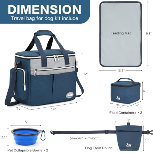 Dog Travel Bag for Pet Kit for Supplies with 2 Food Storage Containers 2 Collapsible Bowls 1 Feeding Mat 1 Dog Treat Pouch 7-Piece Set Perfect Road Trips Camping Weekend (Navy Blue)
