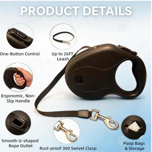 20 FT Dual Retractable Dog Leash(Up to 110 LBs Each)+Poop Bags&Holder