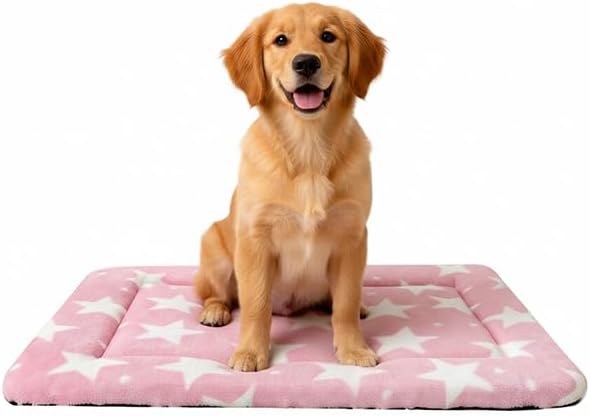 Dog Bed Mat, Reversible Crate Pad & Durable Dog Bed - Machine Washable Kennel Mat with Ultra Soft for Medium Dogs (Big&Small Stars Pink, 30" L*20" W*1.5" Th)