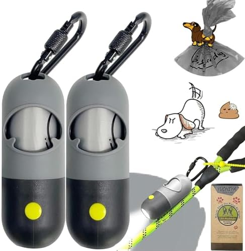 Dog Poop Waste Bags Holder with LED Flashlight|Cute Doggie Poo Bags Dispenser for Pet Leash|Trash Waste Bags Carrier with Potty Clip Fastener LR44 Button Cells Included (Grey, 2 Holder 30 Bags)
