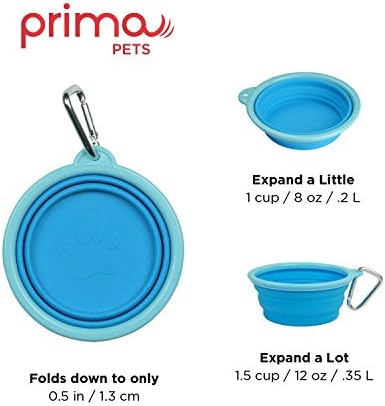 Prima Pet Expandable/ Collapsible Silicone Food & Water Travel Bowl with Clip for Small & Medium Dog and Cat, Size: 1.5 Cups (5.1 Inch Diameter Bowl) (AQUA)