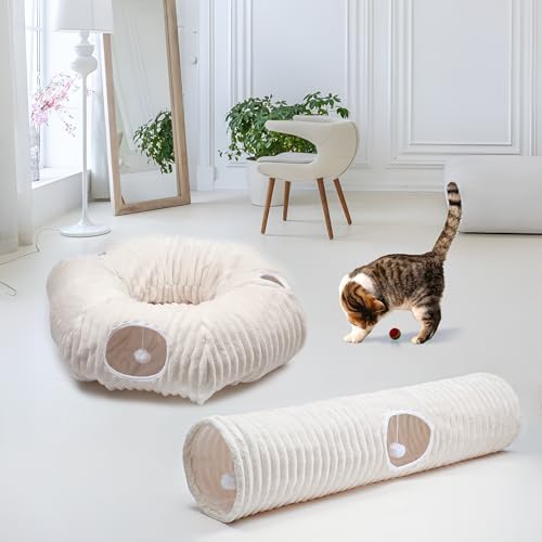 FORMYCATIE Luxurious Cat Tunnel,43" Straight Cat Tunnel Toys with Balls for Indoor,Collapsible Peekaboo Cave for Kitten （White Stripe）