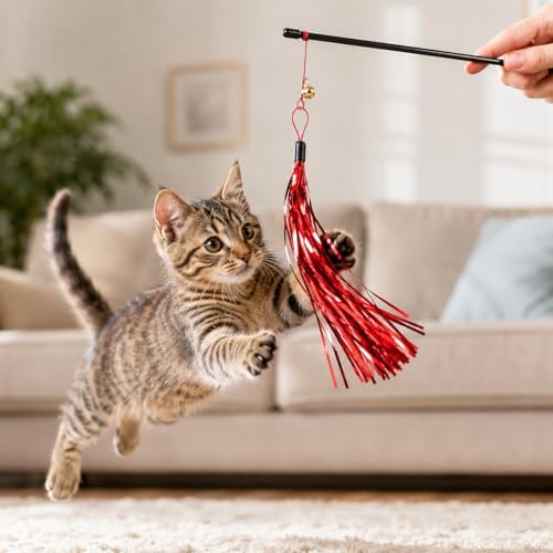 LUOZZY 16Pcs Cat Teaser Wand Refill Metallic Foil Tassel with Bell, Random