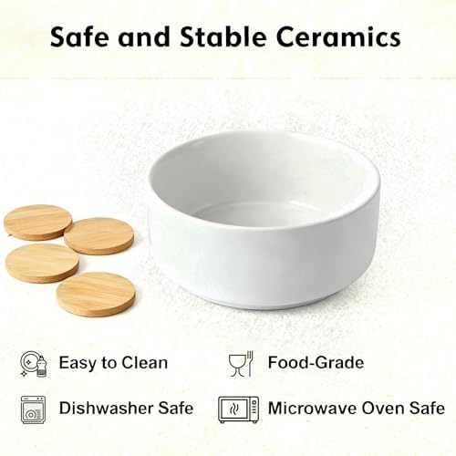 Elevated/Raised Ceramic Dog Bowl with Bamboo Stand,8 inch 7.6 Cups Non-Slip Heavy-Weighted Single Pet Dish,Reduces Neck Strain White