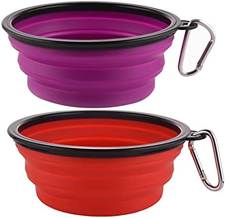 Large Collapsible Dog Bowls, 34oz Travel Water Food Bowls Portable Foldable Collapse Dishes with Carabiner Clip, 2 Pack (Purple+Red)