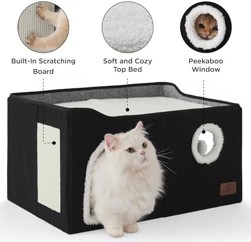 Bedsure Extra Wide Cat House Bed with Fluffy Ball and Scratch Pad,Black