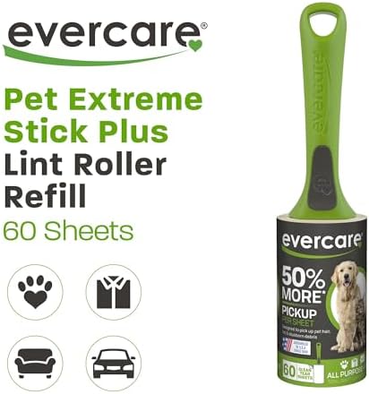 Evercare Giant Extreme Stick Lint Roller Brushes with 60 Easy-Peel Sheets, Pack of 5 Refillable Lint Rollers for Hair and Debris (300 Sheets Total)