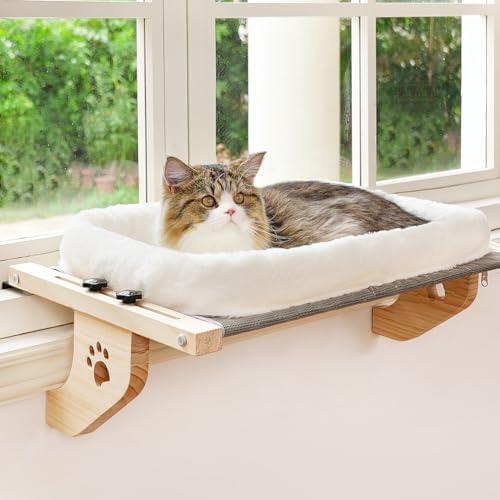 AMOSIJOY Wooden Cat Windowsill Perch with Zipper Cushion Bed, 24.4in