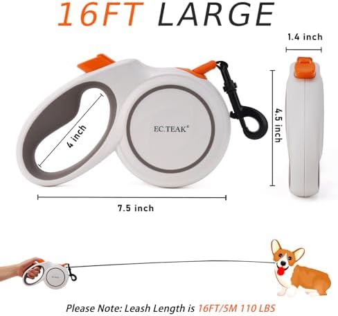 Retractable Dog Leash, 16 FT/26 FT Dog Leash Retractable for Small/Medium/Large Dogs up to 110 lbs, Strong Nylon Tape, Tangle Free, One-Hand Brake (White/Orange, Large)