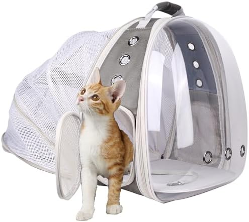 Expandable Carrier Backpack for Kitten Bunny and Small Puppy, Vented Transparent Space Capsule Astronaut Cat Bubble Window, PU Leather Grey Vet Carry Bag