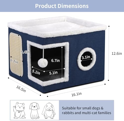Shikha Cat House Bed for Indoor Cats with Fluffy Ball and Scratch Pad Blue