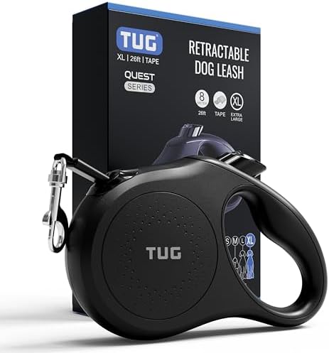 TUG Quest Retractable Dog Leash | 360° Tangle-Free | 26 ft Tape (XL, Black)