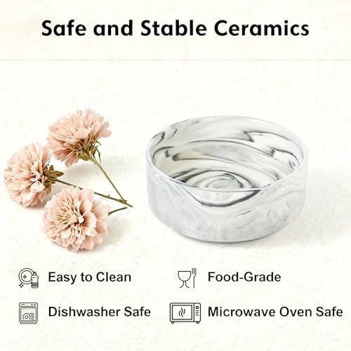 Elevated/Raised Ceramic Dog Bowl with Bamboo Stand,Marble Pattern 7 Inch 7.6 Cups Non Slip Heavy Weighted Single Pet Dish,Reduces Neck Strain Marble Gray