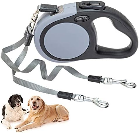 KOOLTAIL Dual Retractable Dog Leash for Two Dogs Up to 110 Lbs, Heavy Duty Double Headed 16 ft Extendable 360° Tangle-Free One Button & Lock Brake Dog Leash for Small Medium Large Dogs Grey