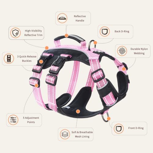 Huntboo Service Dog Vest Harness, Escape Proof Harness with 6 Patches, No-Pull, Reflective Harness with Handle, Adjustable for Small to Large Dogs, for Training and Hiking (Pink, M)