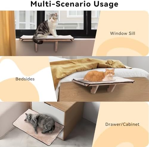 PETSFIT Cat Window Perch for 2 Cats, Adjustable, Solid Wood, Removable Mat