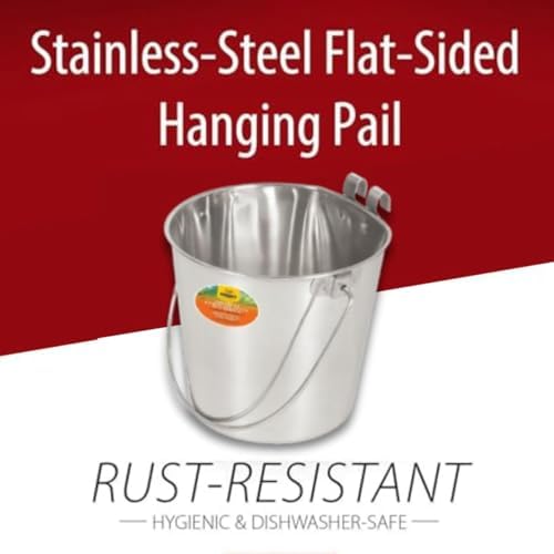 Advance Pet Products Heavy Stainless Steel Bucket with 2 Hooks Flat Side, 1 Quart | Durable Food & Water Pail for Dogs, Cats, Kennels, Cages and Critter Crates | Multi-Purpose Bucket