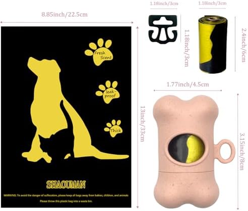 Bone-Shaped Dog Poop Bag Holder for Leash |Dispenser with 15 Leak-Resistant Waste Bags & Carabiner Clip(Pink)