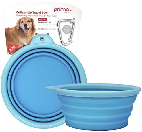 Prima Pet Expandable / Collapsible Silicone Food & Water Travel Bowl with Clip for Medium & Large Dog, Portable and Durable Pop-up Feeder for Convenient On-the-go Feeding, Size: 5 Cups (7 Inch Diameter Bowl) (LARGE (5 CUPS), AQUA)