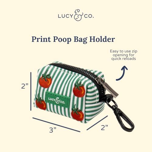 Lucy & Co. Tomato, Tomahto Embroidered Dog Poop Bag Holder and Dispenser, Clips to Leash, Water-Repellent Neoprene, Includes Refill Roll