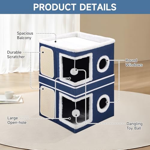Shikha 2 Story Cat House beds for Indoor Cats with Scratch Pads Blue