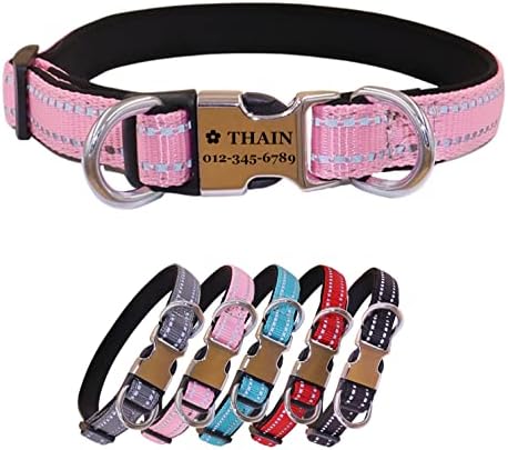 THAIN Reflective Personalized Dog Collar Engraved Custom Buckle- Soft Nylon Pet Collar with Name Plate Engraved Name, Phone Number, Silent,No Noise Adjustable (XS, Pink)