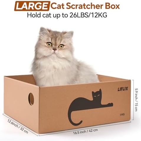 LIFLIX 7PCS Reversible Cat Scratching Pads with Box, 16.5" Lｘ12.6" Wｘ5.9 H Extra Large Cardboard Scratcher with Catnips, Cat Scratch Boxes for Indoor Cats