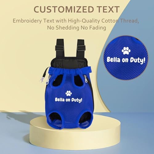 Personalized Dog Carrier Backpack with Name Embroidery, Adjustable Front-Facing Legs-Out Design, Custom Dog Carrier Bag with Breathable Tail Hole & Chest Support for Small/Medium Dogs (Blue, Large)