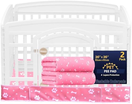 2 Pack Dog Playpen Bottom Pad Fits for 36 Inch 4 Panels Exercise Pet Playpen, Dog Crate Pad Puppy, Hoop and Loop Design (Note: Playpen Not Included). (Pink)