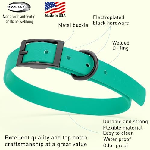 Dogline Biothane Waterproof Dog Collar Strong Coated Nylon Webbing with Black Hardware Odor- Proof for Easy Care Easy to Clean High Performance Fits Small Medium or Large Dogs, Teal