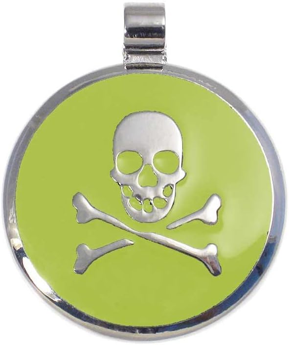 LuckyPet Pet ID Tag - Skull & Crossbones Jewelry Tag - Dog Tags & Cat Tags - Custom Engraved on Back Side - Size: Small, Color: Lime