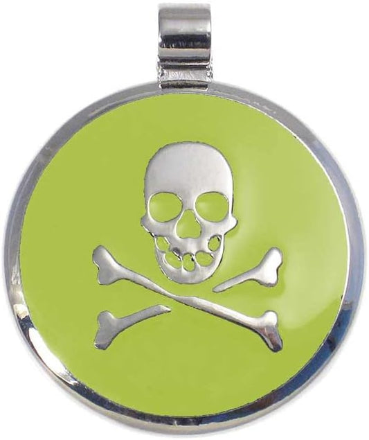 LuckyPet Pet ID Tag - Skull & Crossbones Jewelry Tag - Dog Tags & Cat Tags - Custom Engraved on Back Side - Size: Small, Color: Lime