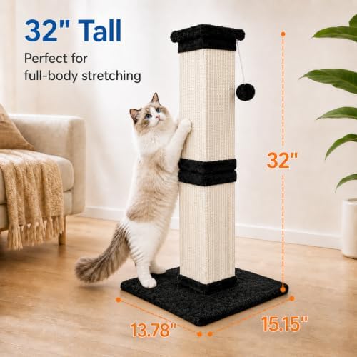 Vertical Cat Scratching Post for Indoor Cats, Sisal Scratch Tower with Soft Plush Base & Dangling Pom Ball, 32'' Tall Cat Scratcher Column, Furniture Protection, Black and White